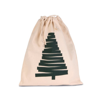 Cotton bag with Christmas tree design and drawcord closure.